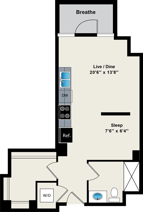 Floor plan for studio, 1 bath, 508 sqft